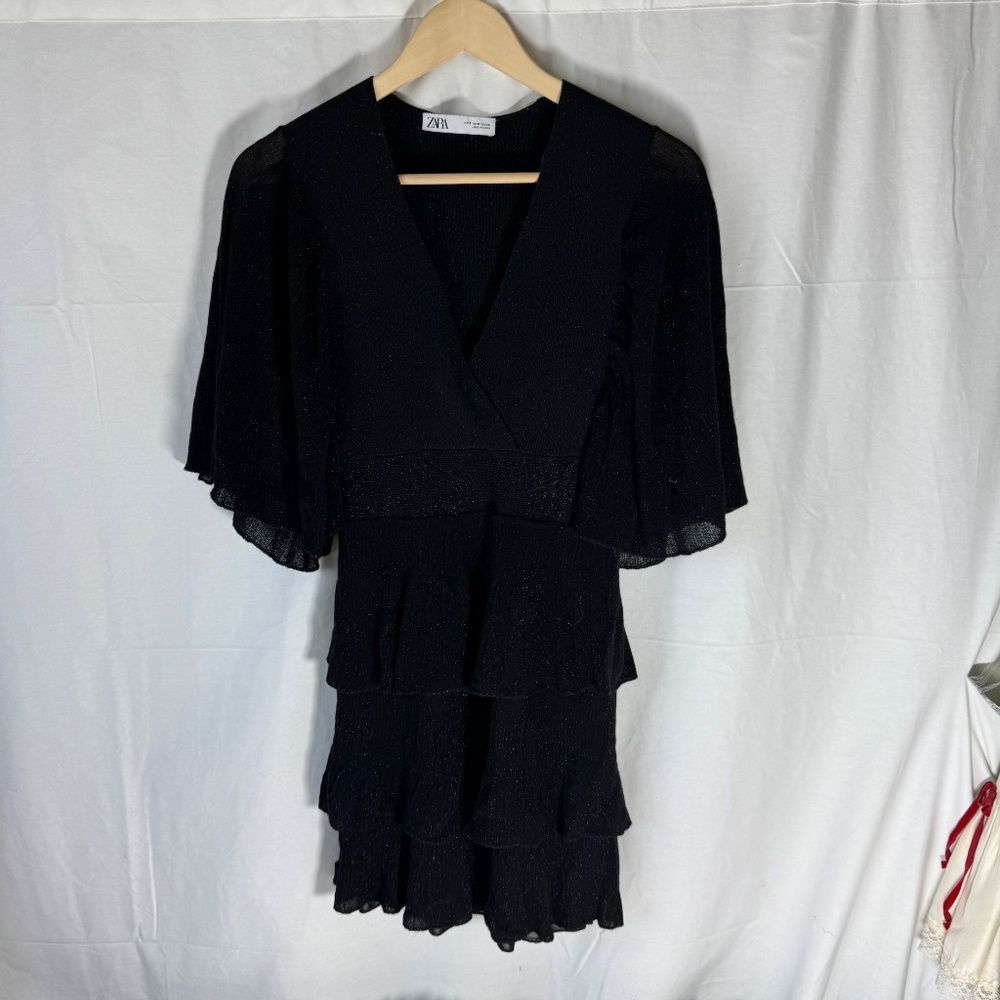 Zara Black Sparkly Ruffle‎ Sleeve V-Neck Ruffled Skirt Mini Dress Sz S